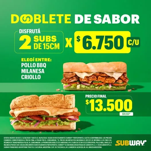 Disfrutá 2 subs de 15 centímetros por 6.750 c/u. 🤭