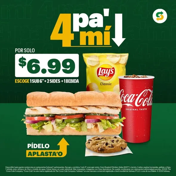 Tu sub, tus sides, tu bebida. Como tiene que ser. 🥖🤤 Escoge tu sub de  6”, más 2 sides, más una bebida. Detalles de la oferta