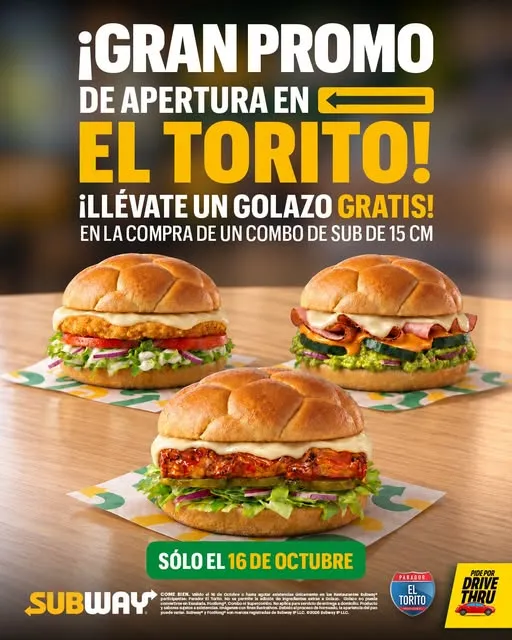 ¡Te invitamos a la gran apertura de EL TORITO! 🎉 💚 Con Golazo de regalo 🎁 en la compra de tu combo Sub de 15 cm. 😉 🥖