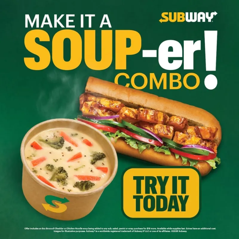 🥣 Spoon into something good at Subway with our two NEW SOUP OPTIONS. 🍲