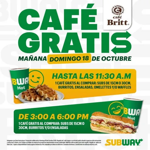 ¡SubLovers! 😍💚 Este domingo 18 de octubre, disfrutá de un CAFÉ GRATIS con tu compra en Subway. ☕💛