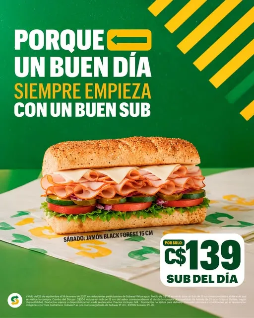 Los buenos días empiezan con un buen sub. ☀️Hoy es el momento perfecto para disfrutar el Sub del Día de Jamón Black Forest de 15 cm por C$139