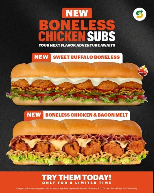 NEW at Subway Aruba! 🔥 Meet the Boneless Chicken Subs: the Sweet Buffalo Boneless 🌶️ and the Boneless Chicken & Bacon Melt 🥓🧀