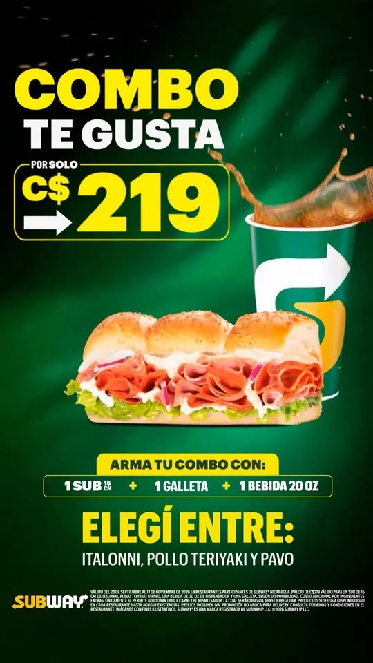 Mmmmm... ¡Ya llegó el Combo Te Gusta a Subway! Armá tu combo perfecto con Sub de 15 cm, galleta y bebida por solo C$ 219. ¡Te va a encantar! 🤩