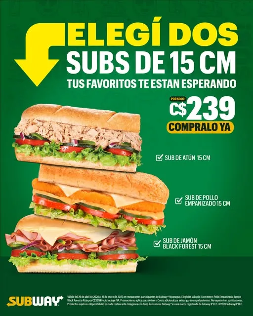 ¿No podés decidirte por uno?  Con Elegí 2 disfrutás dos subs de 15 cm por C$239 y el doble de sabor en cada visita.