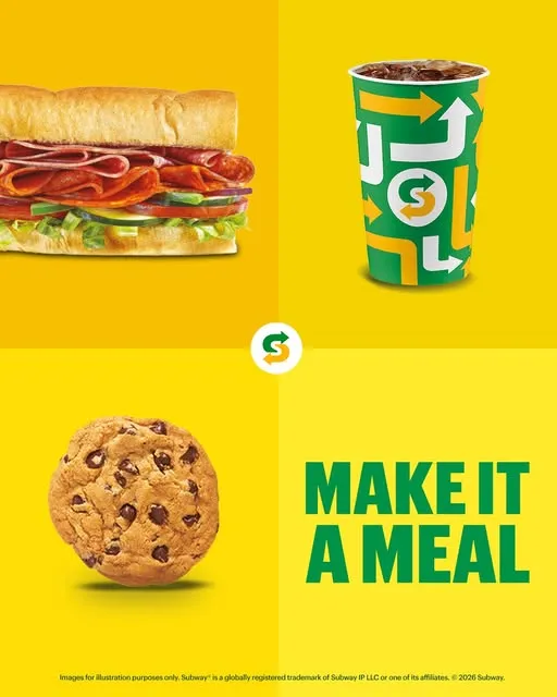 Don’t stop at the sub! 🥪💚 Make it a meal and complete your Subway order with a refreshing drink 🥤 and a freshly baked cookie 🍪.