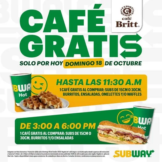 🚨☕¡Sub Lovers! 💚💛 HOY domingo 18 de octubre, acompañá tus favoritos de Subway con un cafecito por nuestra cuenta. 😍