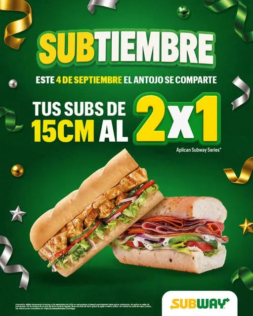 Solo hoy en Subway, tus Subs de 15 cm están al 2x1 🥪🔥 Pedí uno y llevate otro GRATIS.