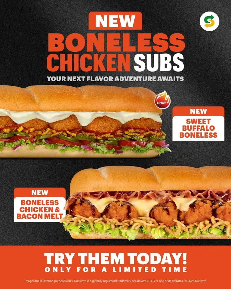 Your next flavor adventure awaits 🔥 The new Boneless Chicken Subs are here at Subway Aruba. Only for a limited time!