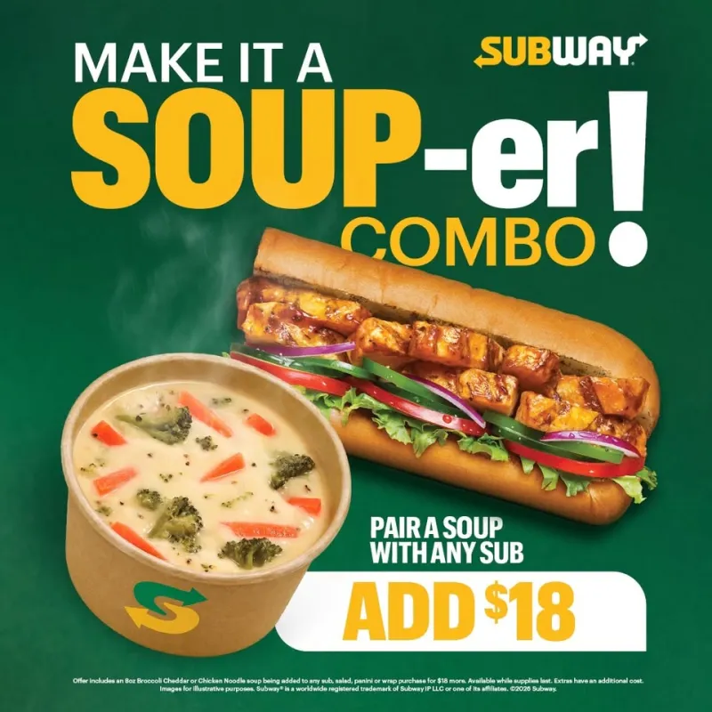 🥣 Spoon into something good at Subway with our two NEW SOUP OPTIONS. 🍲