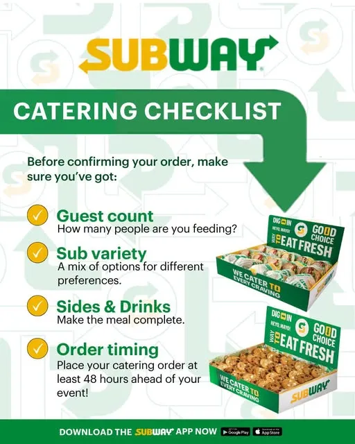 Good food for the group, without the hassle. Save this Subway checklist for your next meeting, party, or gathering!