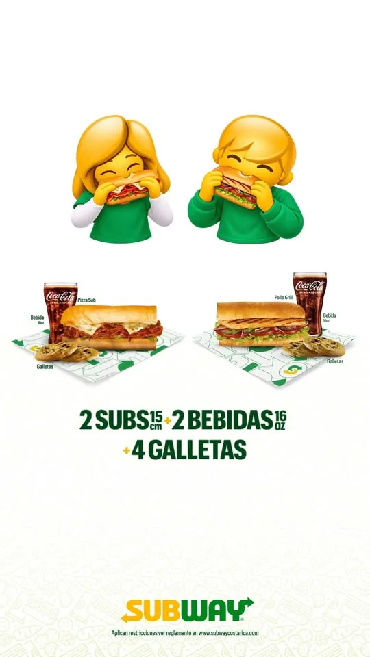 Hagamos números rápidos: 2 Subs de 15cm + 2 bebidas de 16onz + 4 galletas = ₡6.800. 🧮🔥