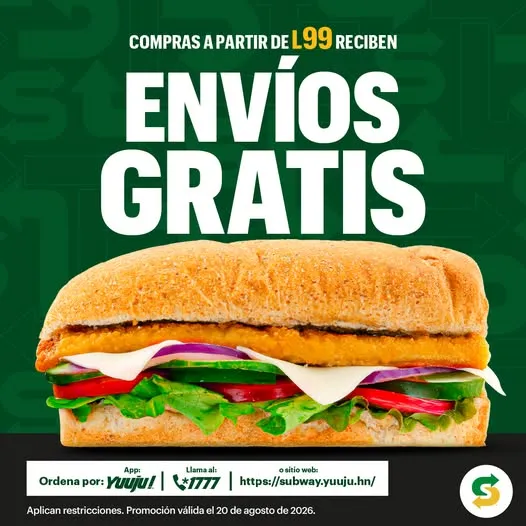 Hoy tu Subway favorito llega hasta vos con ENVÍO GRATIS. 🥪💚