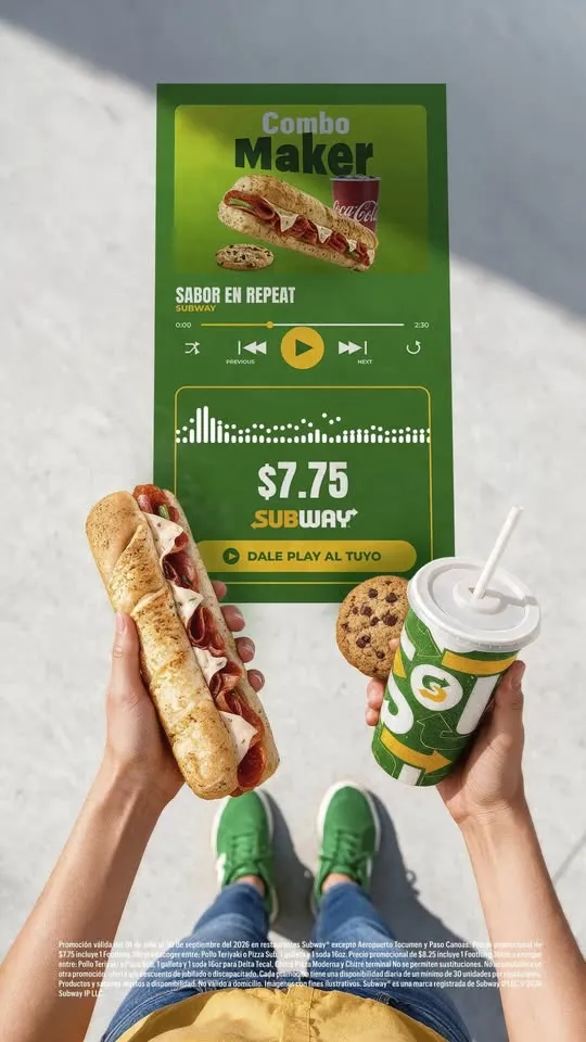 El combo que quieres poner en repeat. 🎧🥪 Arma tu Combo Maker por B/.7.75 y disfruta tu Sub, bebida y galleta. 💚