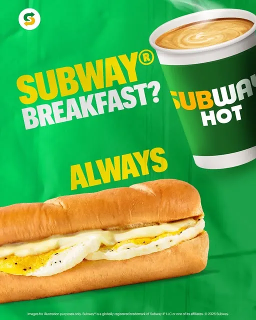 Make this morning a subway morning! โ๏ธ We serve breakfast from 7am - 11am!